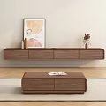 Floating Wooden TV Stand with Drawers Artwork Vases and Dried Flowers on Herringbone Floor