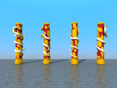 Decorative Yellow And Red Columns With White Dragons Coiled Around Standing On Gray Paved Ground 3d model