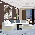 Modern Hotel Guest Room Curved Sofa with White Gray Cushions Decorative Painting City View Window
