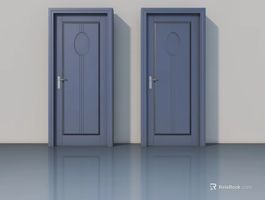 Blue Hinged Doors with Circular Panel Vertical Lines Silver Handles Light Wall Smooth Floor 3d model