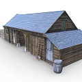 Rustic Wooden Cabin with Blue Roof and Surrounding Wooden Fence Exterior