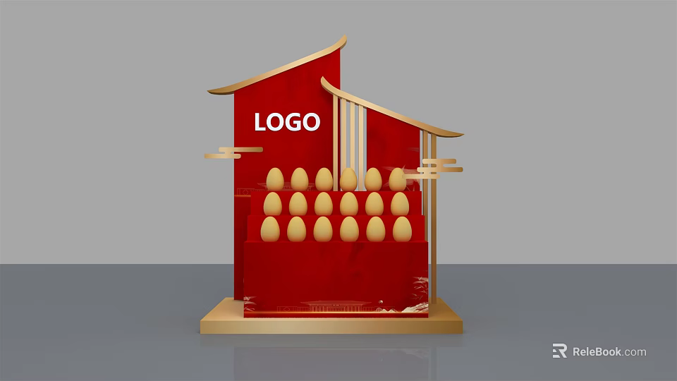 Red Display Stand With Gold Egg Shaped Decorations LOGO And Gold Base 3d model 