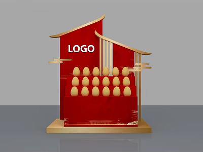 Red Display Stand With Gold Egg Shaped Decorations LOGO And Gold Base 3d model