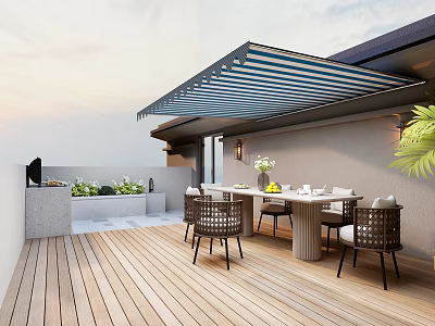 Luxury Villa Balcony Design With Wooden Deck Awning And Outdoor Dining Set 3d model