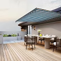 Luxury Villa Balcony Design With Wooden Deck Awning And Outdoor Dining Set