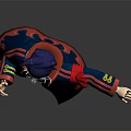 3D Game Movie Character With Blue Purple Hair Dark Blue Coat Red Flame Patterns Pose
