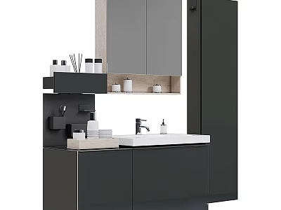 Modern Bathroom Vanity With Dark Gray Cabinets Cabinet Mirror Marble Countertop And Toiletries 3d model