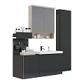 Modern Bathroom Vanity With Dark Gray Cabinets Cabinet Mirror Marble Countertop And Toiletries