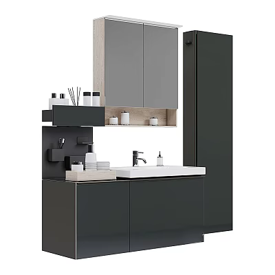 Modern Bathroom Vanity With Dark Gray Cabinets Cabinet Mirror Marble Countertop And Toiletries 3d model