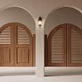 Classic Arched Door Frames Design With Wooden Louvered Doors And Wall Lamp