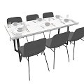 Modern Rectangular Dining Table Set With Six Chairs And Tableware 3d model