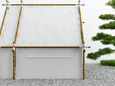 Bamboo Frame Tent Structure With White Mesh Cover And Surrounding Green Plants On Gravel Ground 3d model