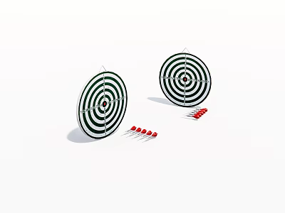 Two Classic Black And White Dartboards With Red Darts On White Background 3d model