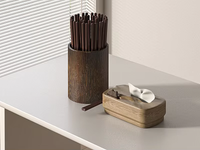 Wooden Tableware Set With Chopsticks Holder Tissue Box On White Countertop And Window Blinds Background 3d model
