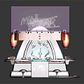 Vibrant Cartoon Style Entertainment Scene With Pagoda Roof Red Lanterns Round Platform And Stools