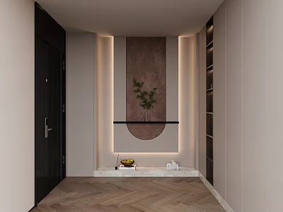 Modern Foyer Hallway Design With Lighted Wall Decor Potted Plant And Herringbone Floor 3d model
