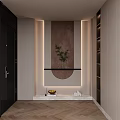 Modern Foyer Hallway Design With Lighted Wall Decor Potted Plant And Herringbone Floor