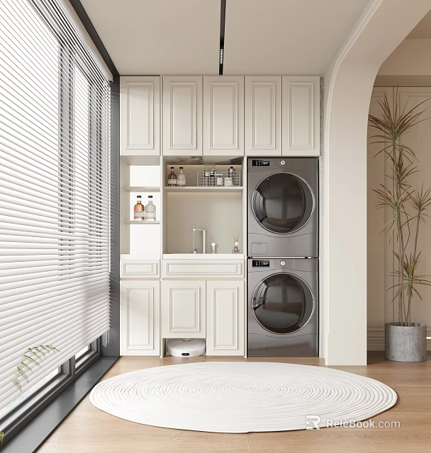 Functional Home Balcony Design With White Cabinets Stacked Washer Dryer Window Blinds And Potted Plant 3d model 