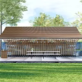 Wooden Pavilion Design with Curved Roof Platform Surrounded by Trees Grass Distant Landscape and Sky