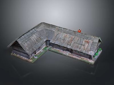 Traditional Wooden House With Thatched Roof And L Shaped Structure Design 3d model