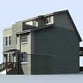 Two Story Detached Villa With Dark Roof Green Exterior Walls Large Windows Balcony And Porch