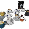 Assorted Coffee Beverages Featuring Various Cups Powder Bag Sugar Packets and Coffee Beans 3d model