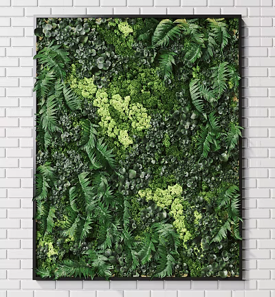 Living Plant Wall with Lush Diverse Green Foliage Against White Brick Wall Background 3d model