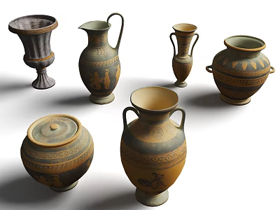Ancient Greek Style Ceramic Vessels With Figurine Patterns And Various Shapes 3d model