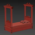 Classic Wooden Four Poster Single Bed With Carved Headboard Pink Checkered Mattress And Decorative Pillows