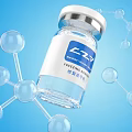 Hyaluronic Acid Cosmetic Serum in Transparent Bottle with Molecular Structure on Blue Background