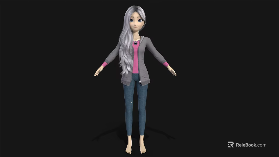 Woman With Long Gray Hair Wearing Pink Top Gray Cardigan Blue Jeans Barefoot On Black 3d model 