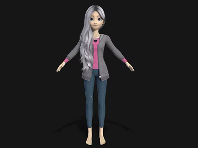 Woman With Long Gray Hair Wearing Pink Top Gray Cardigan Blue Jeans Barefoot On Black 3d model