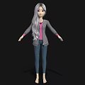 Woman With Long Gray Hair Wearing Pink Top Gray Cardigan Blue Jeans Barefoot On Black