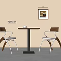 Pollform Modern Table And Chairs With Wooden Backrests White Seats Metal Legs Wall Art