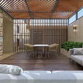 Garden Landscape With Wooden Slatted Ceiling Windows Tree Views Sofa Dining Table And Green Plants