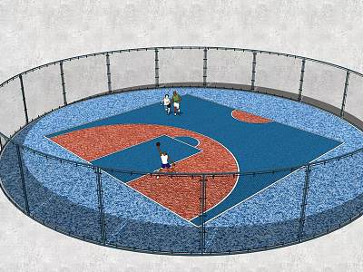 Circular Fenced Basketball Court With Blue And Red Surface Where People Are Playing Basketball 3d model