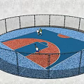 Circular Fenced Basketball Court With Blue And Red Surface Where People Are Playing Basketball