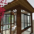 Residential Landscape Featuring Brick House Wooden Pergola Flowering Trees Iron Gate And Stone Walls