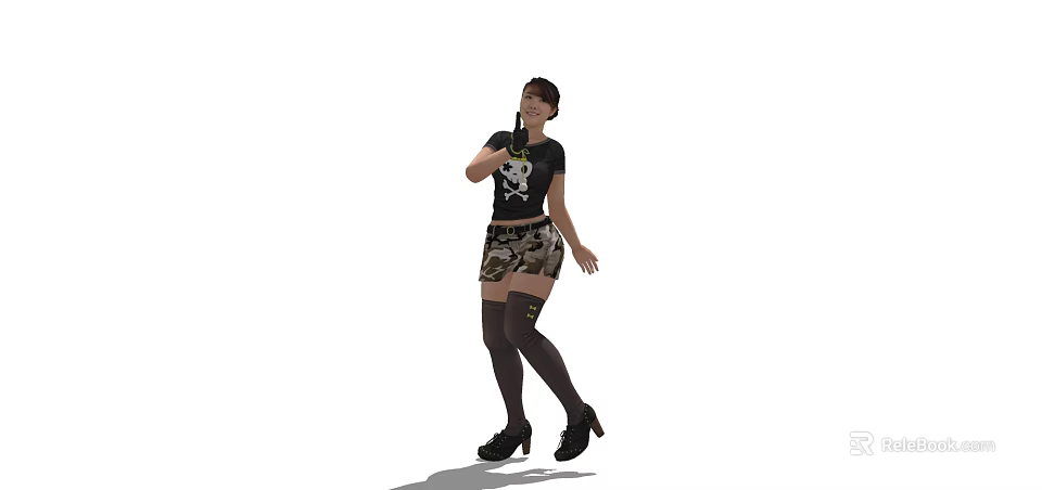 A Woman In Black Skull T Shirt Camo Shorts And High Heels Dancing 3d model 