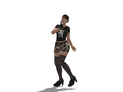A Woman In Black Skull T Shirt Camo Shorts And High Heels Dancing 3d model