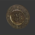 Elegant Circular Copper Jewelry Plate With Intricate Engraved Figures And Patterns 3d model