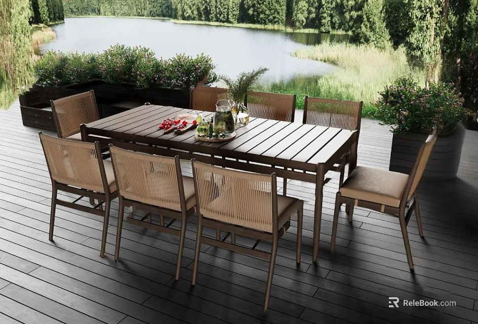 Woven Outdoor Dining Chairs with Wooden Table for Lakeside Patio Garden 3d model 