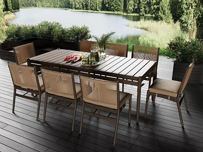 Woven Outdoor Dining Chairs with Wooden Table for Lakeside Patio Garden 3d model
