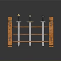 Three Metal Swords Neatly Placed on a Wooden Display Rack
