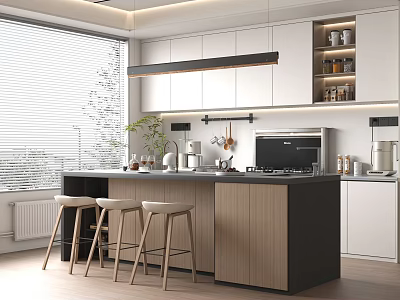 Modern Open Kitchen Bar With Wooden Counter Three Bar Stools Microwave And White Cabinets 3d model