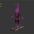 3D Gray Rabbit Character With Long Ears In Black Colorful Outfit On Striped Skateboard