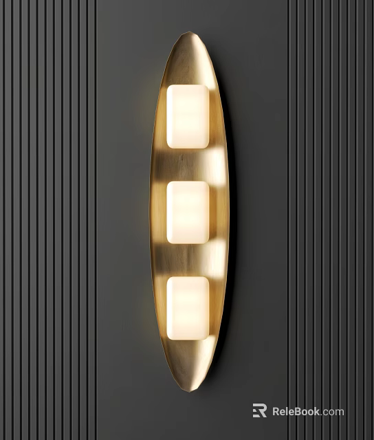 Golden Wall Lamp with Three White Square Lampshades on Dark Vertical Striped Background 3d model 