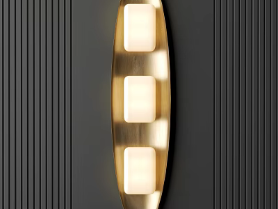 Golden Wall Lamp with Three White Square Lampshades on Dark Vertical Striped Background 3d model