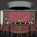 Elegant Private Dining Room With Round Table Pink Chairs Red Decorative Wall And Large Windows