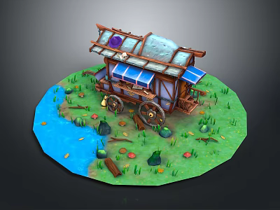 Wooden Mobile House With Tiled Roof Wheels Grass River And Mushrooms 3d model